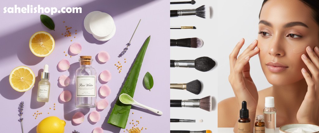 Woman applying natural makeup with aloe vera and rose water skincare products.