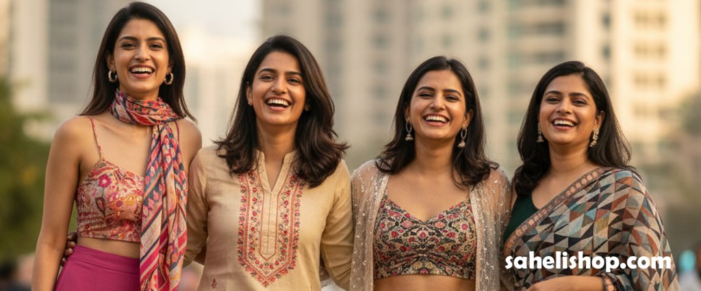 Diverse Indian women in modern ethnic and western outfits smiling confidently for SaheliShop homepage banner.