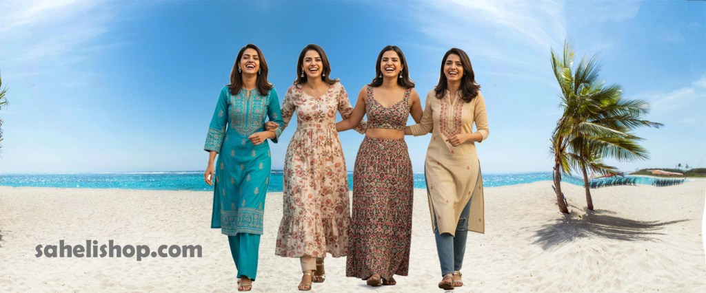 Stylish Indian women in trendy kurti sets, midi dresses, and Indo-Western fashion posing confidently.
