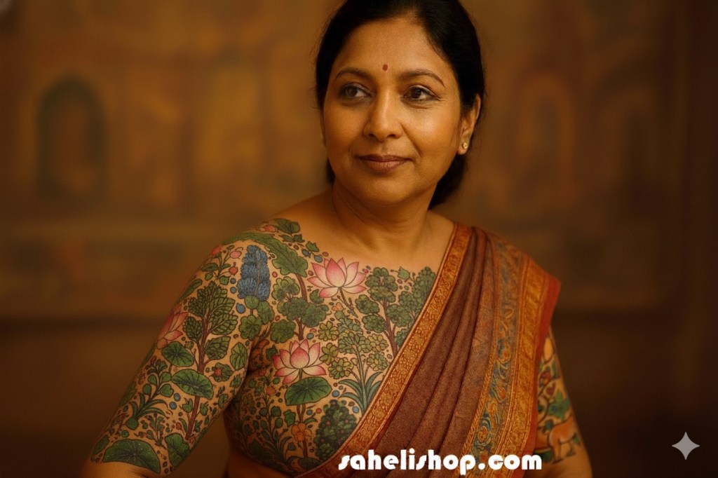 indian lady with flowers and tree body painting