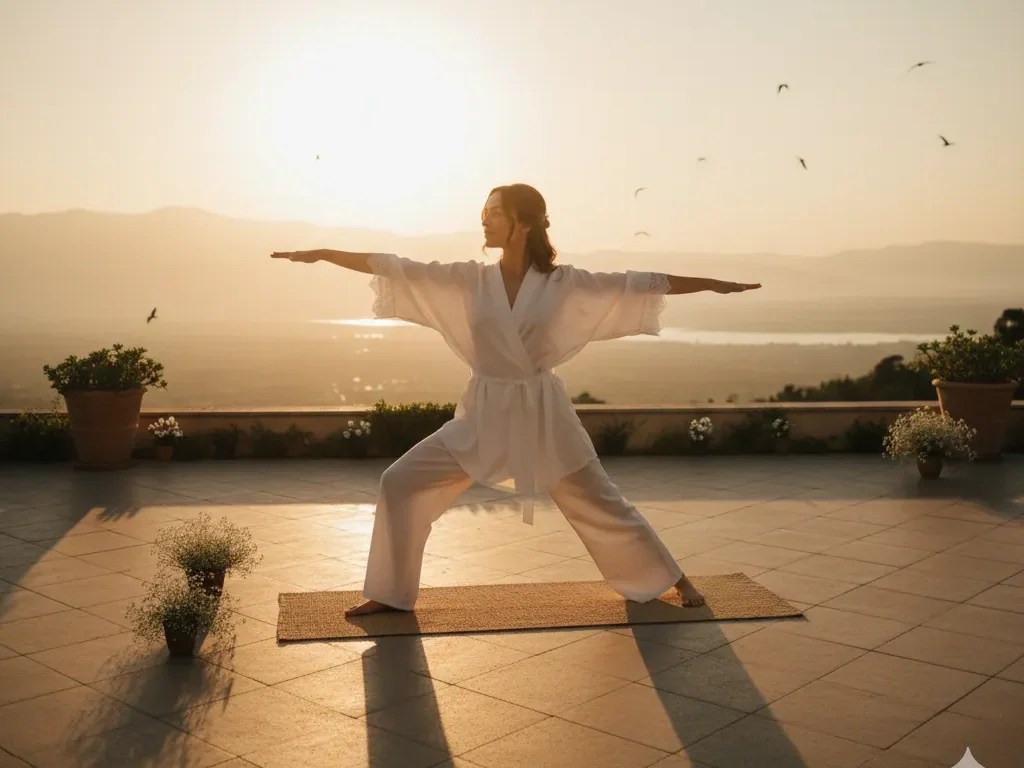 Bride-to-be practicing yoga at sunrise on terrace, flowing white outfit sahelishop