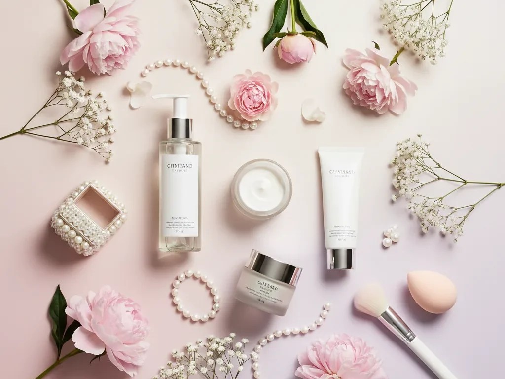 Elegant bridal skincare flat lay with cleanser, moisturizer, sunscreen sahelishop.com