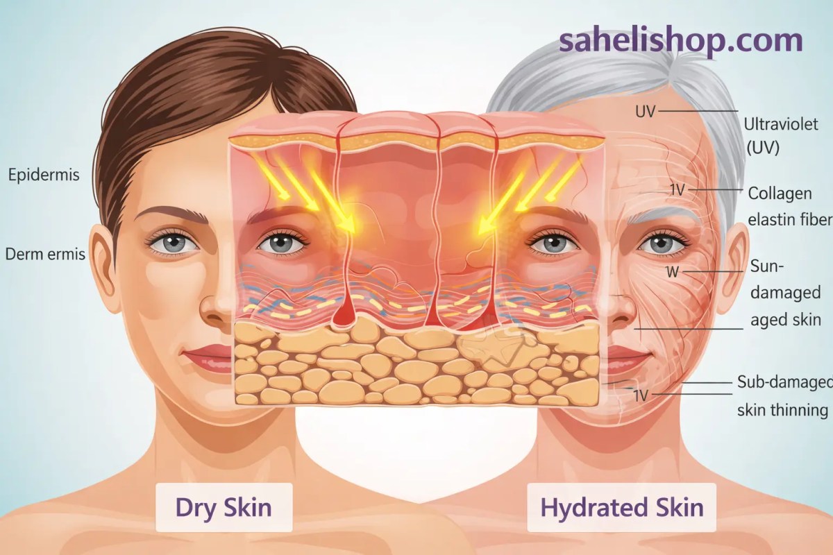 Educational dermatology illustration showing photoaging effect on skin where UV rays damage collagen, elastin, and cause skin aging