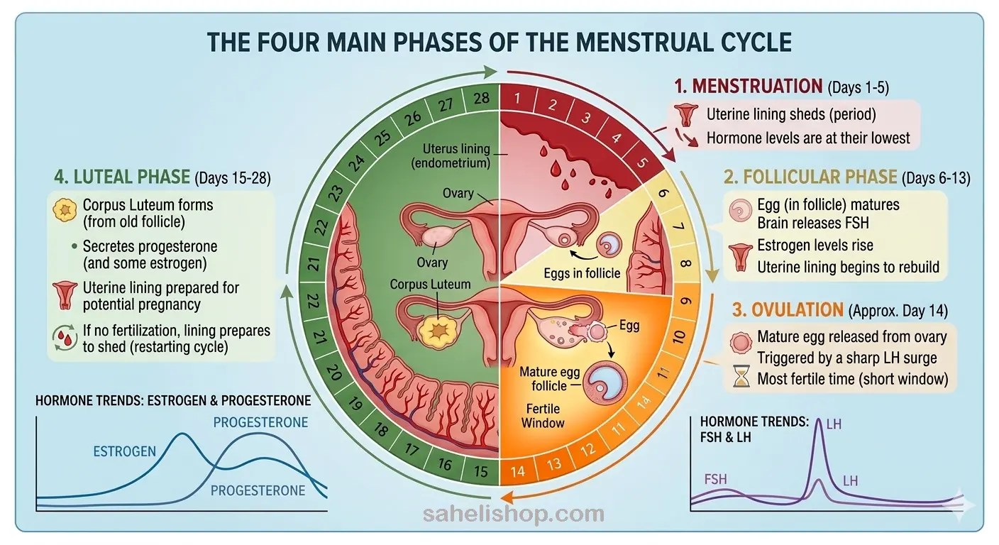 Circular infographic showing four phases of menstrual cycle