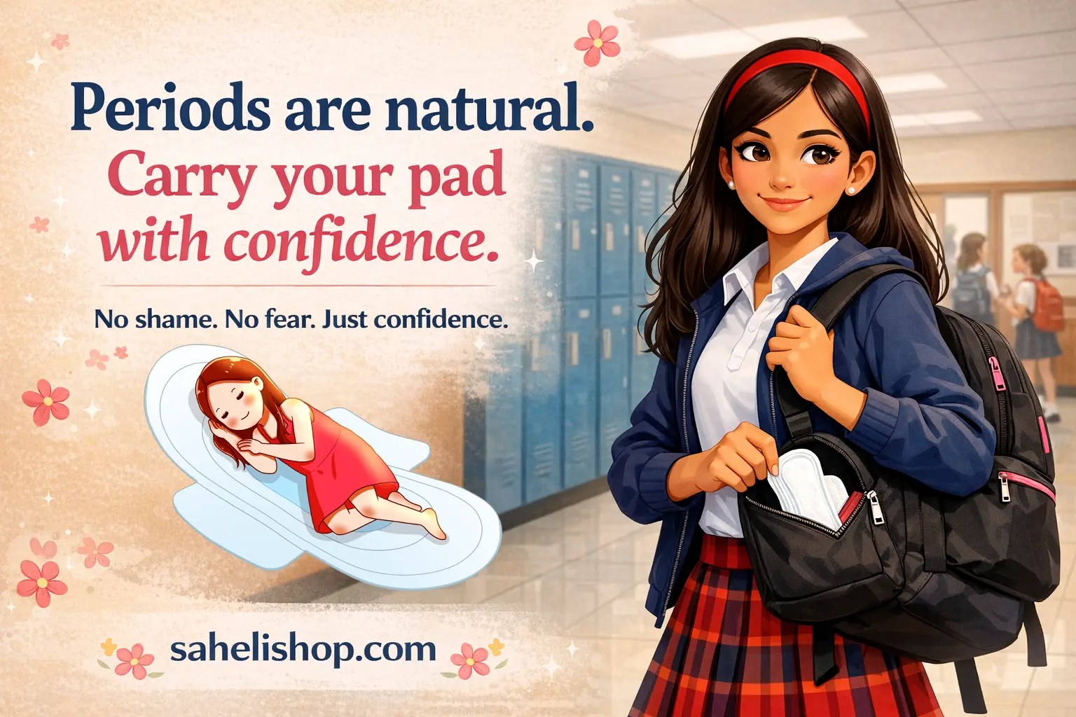 confident school girl carrying sanitary pad in bag during menstruation. sahelishop.com