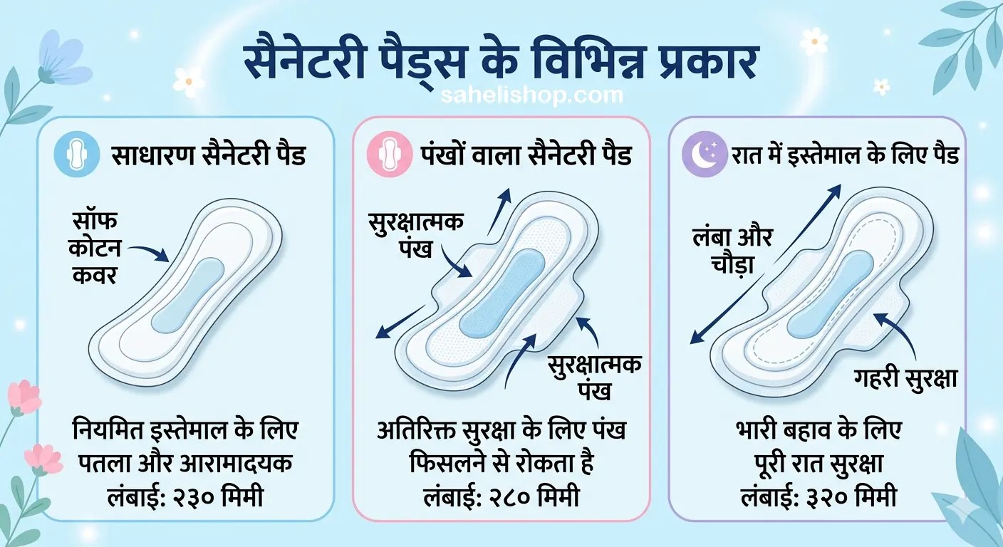 different types of sanitary pads with their features saheli gyan by sahelishop.com