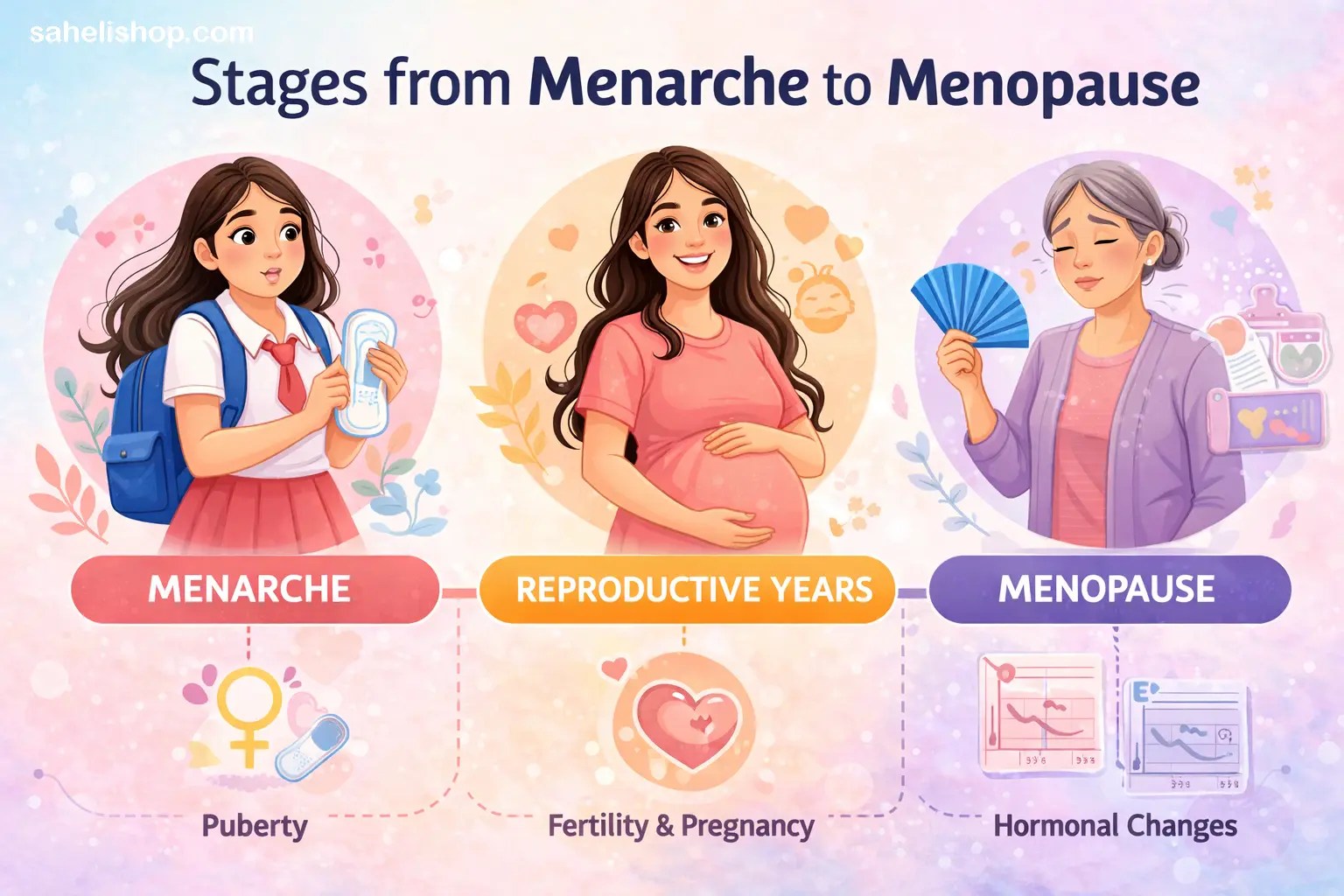 Educational graphic showing stages from menarche to menopause. saheligyan by sahelishop.com