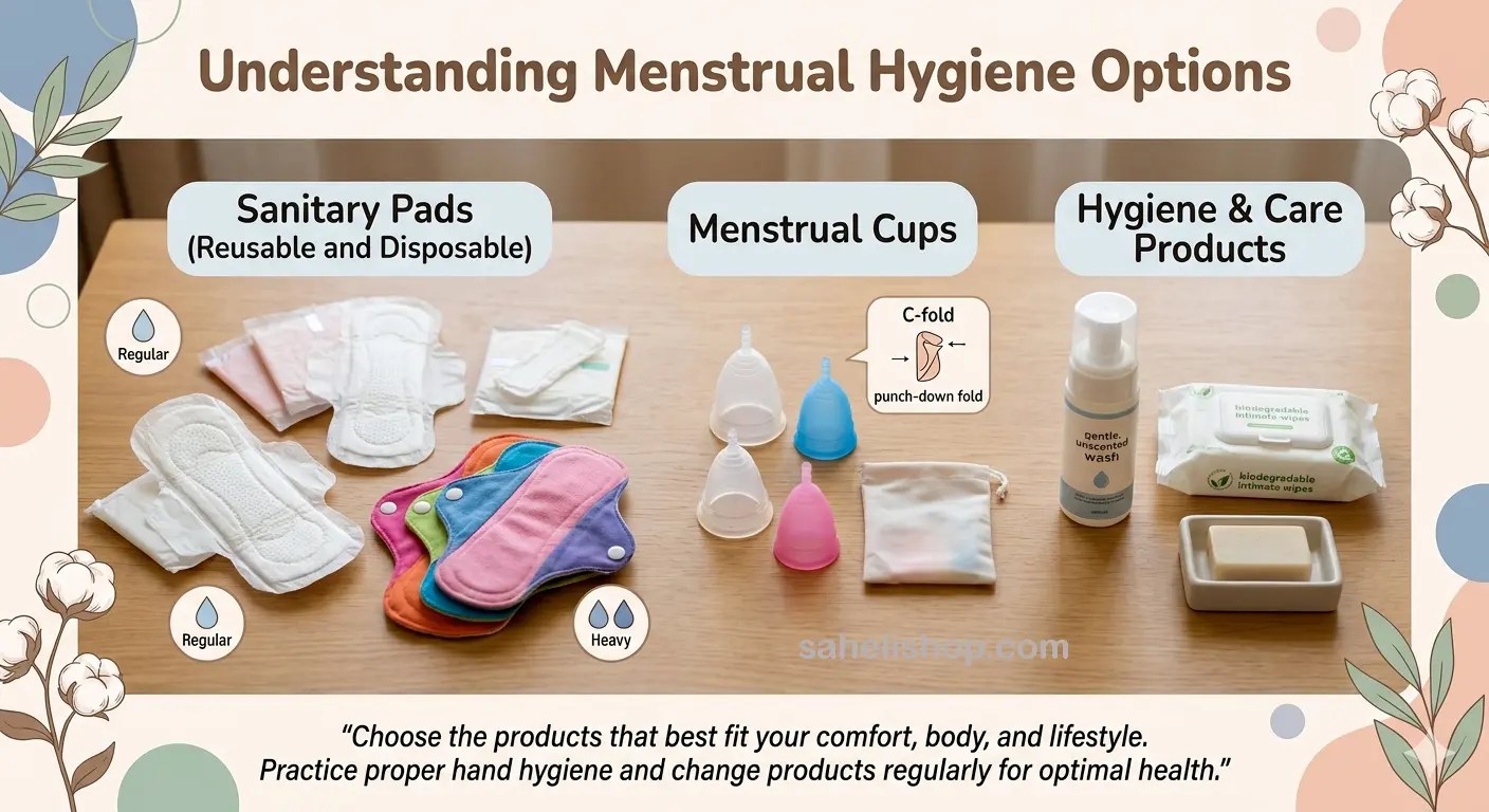 Educational image showing sanitary pads, menstrual cup and hygiene products.