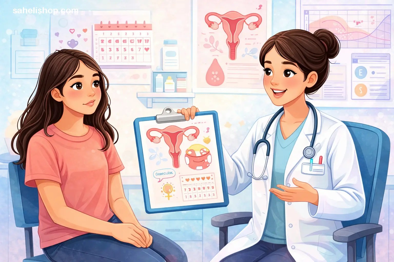 girl consulting doctor about menstrual health. saheligyan by sahelishop.com