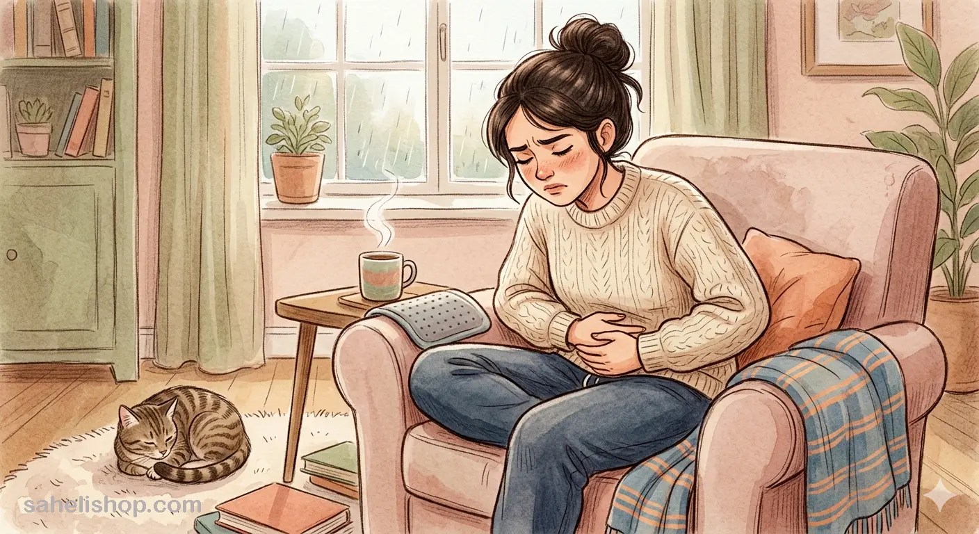 girl experiencing period cramps holding abdomen sahelishop