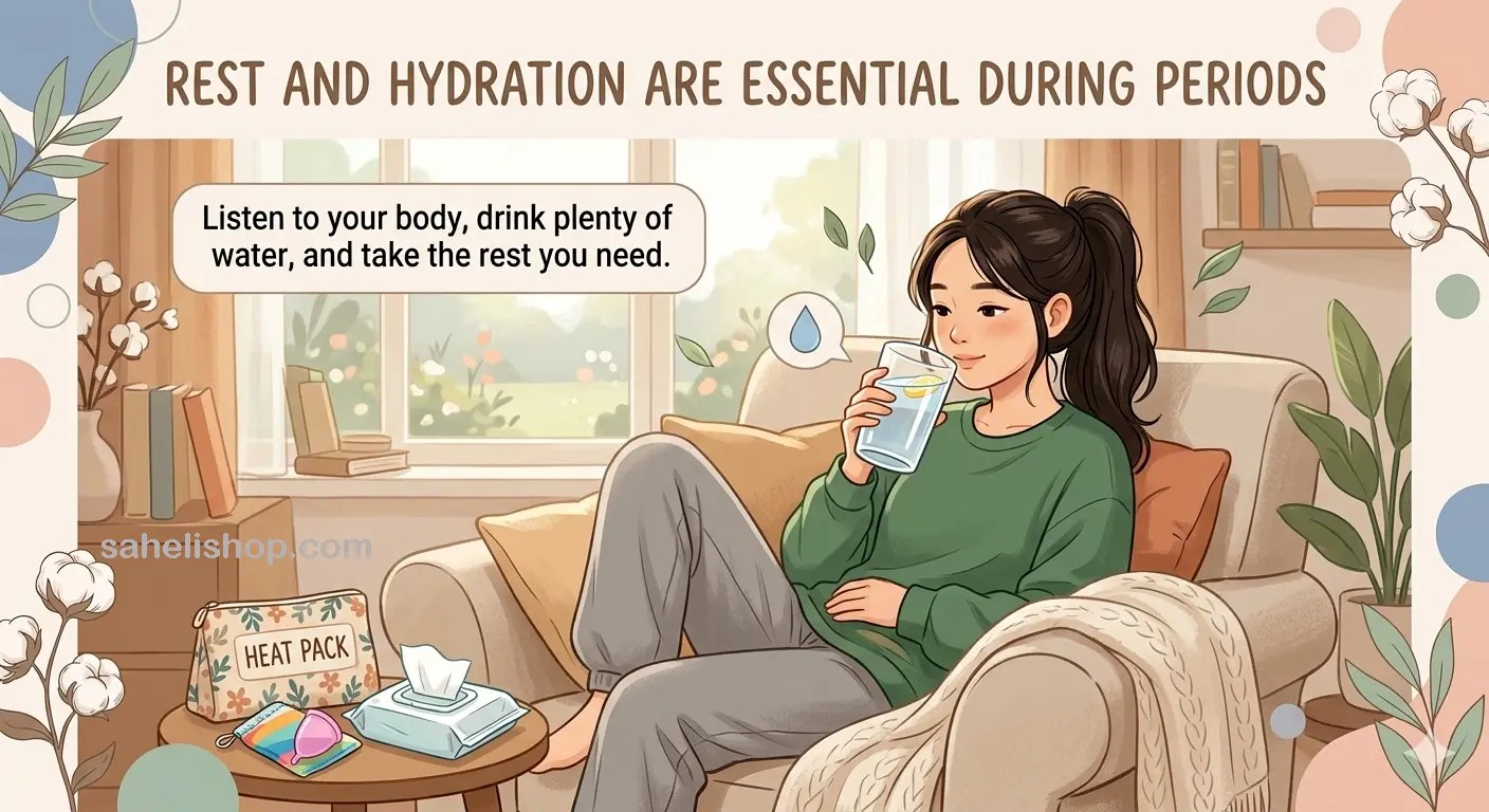Illustration of girl drinking water and resting during periods sahelishop