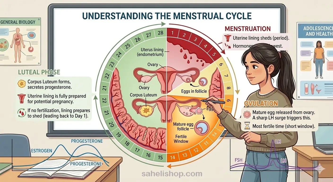 Illustration of teenage girl learning about menstrual cycle in educational style showing phases of menstrual cycle