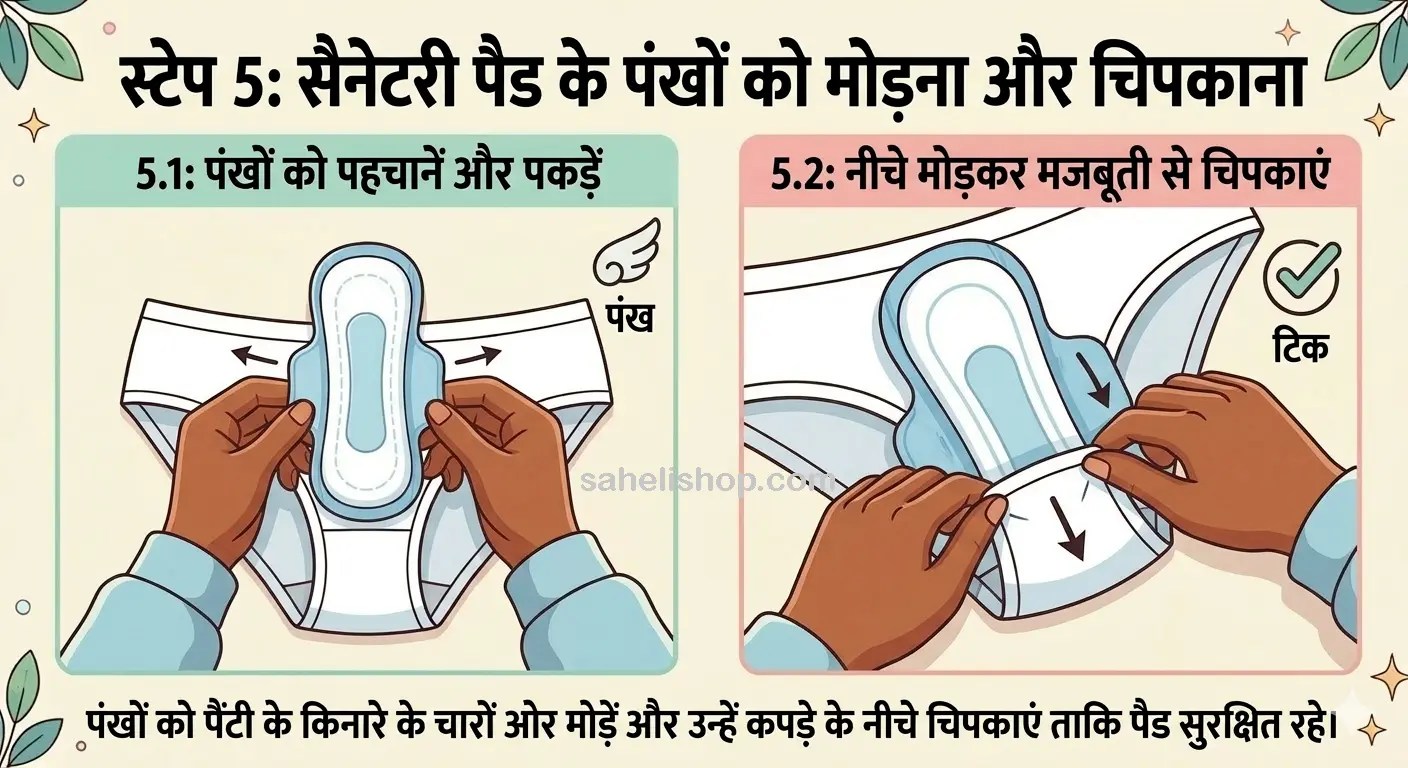 Illustration showing folding and sticking wings of sanitary pad under underwear.
