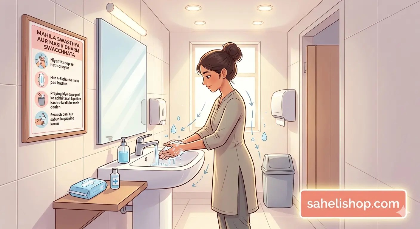 एक महिला साफ-सुथरे वॉशरूम में हाथ धो रही है, मासिक धर्म के दौरान स्वच्छता दिखाते हुए, sahelishop.com