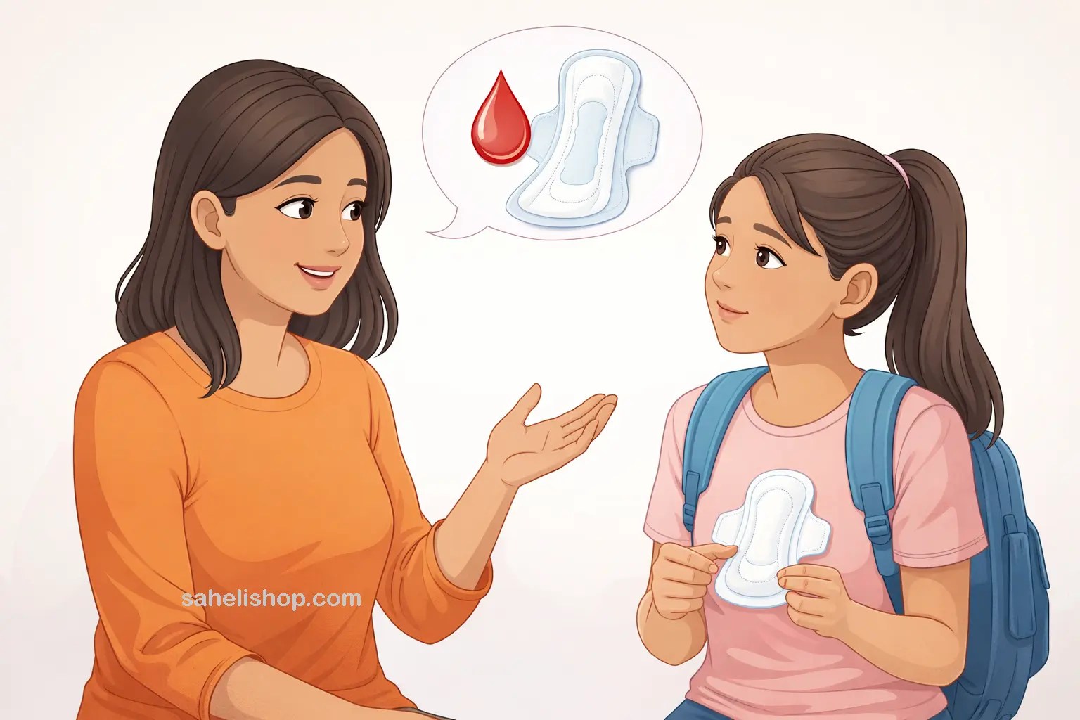 mother educating her daughter about menstrual cycle. sahelishop.com