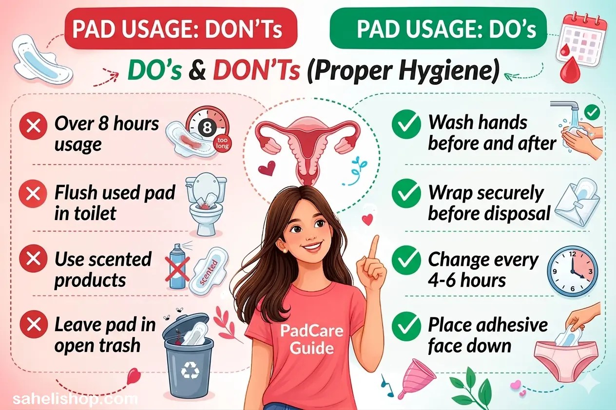 showing do's and don'ts of sanitary pad usage. sahelishop.com