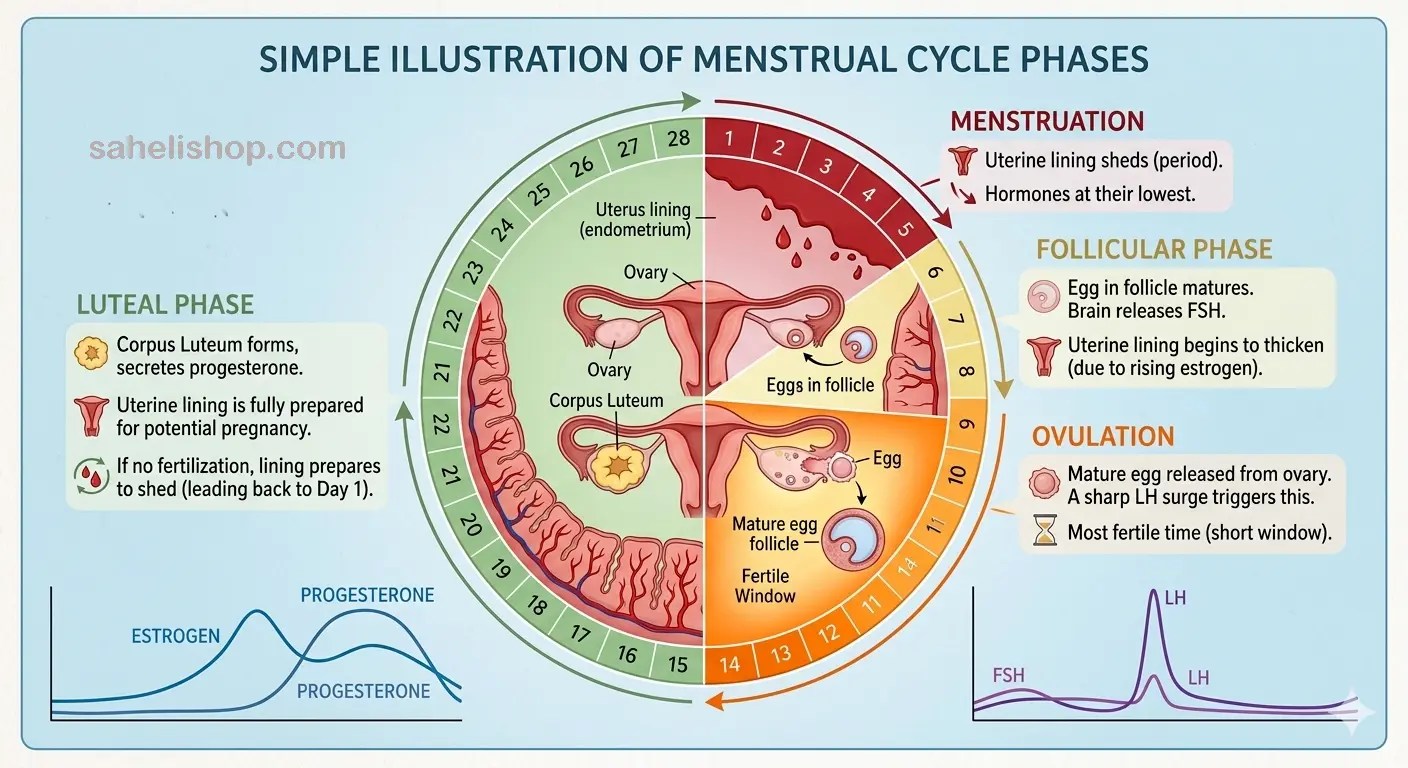 Simple educational illustration of menstrual cycle phases saheligyan