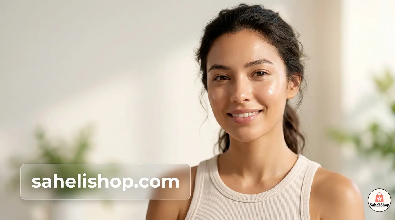 Young woman with radiant, glowing skin smiling in a luxury skincare advertisement for sahelishop.com, soft natural lighting, 4K high-end beauty photography.