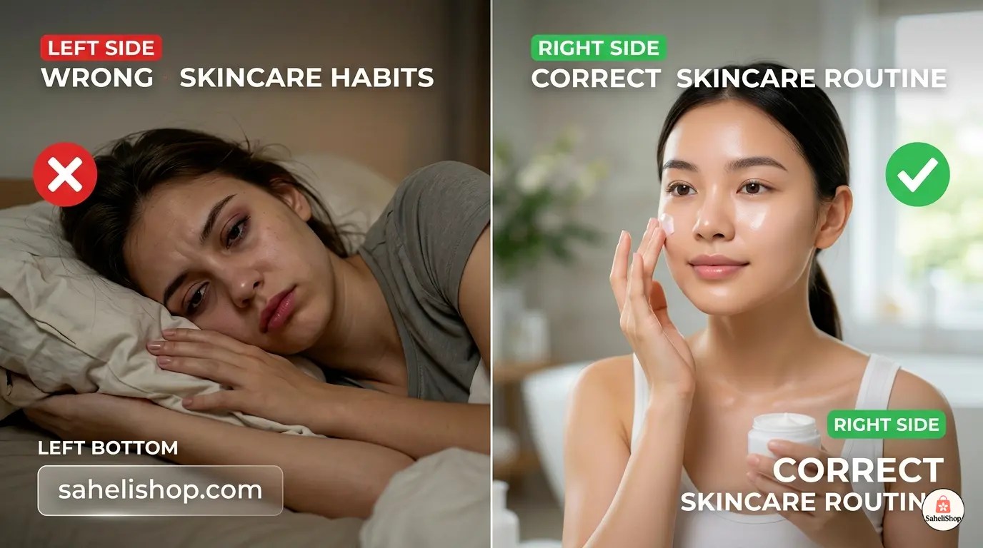 Skincare infographic: mistakes to avoid like sleeping in makeup versus a healthy, glowing skin routine for a beauty blog, by sahelishop.com.